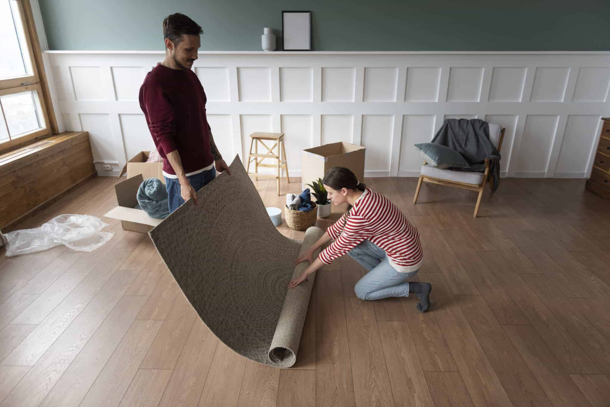 Couple unrolling a rug over hard wood floor
