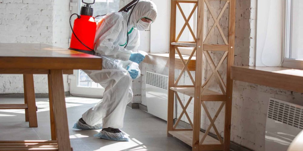 Pest Control technician cleaning house of common pests