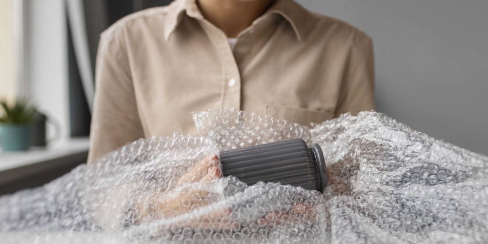 Woman packing fragile items with bubble wrap