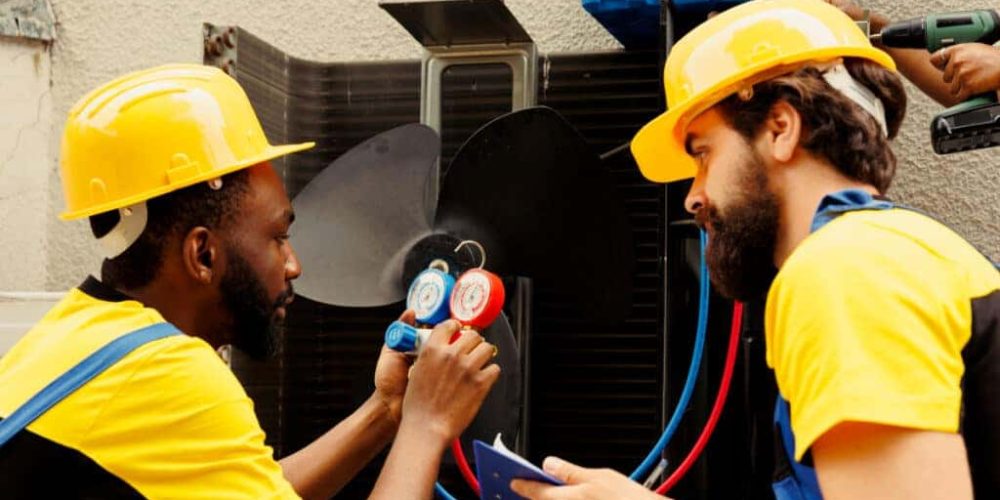 HVAC Technicians performing maintenance on AC unit