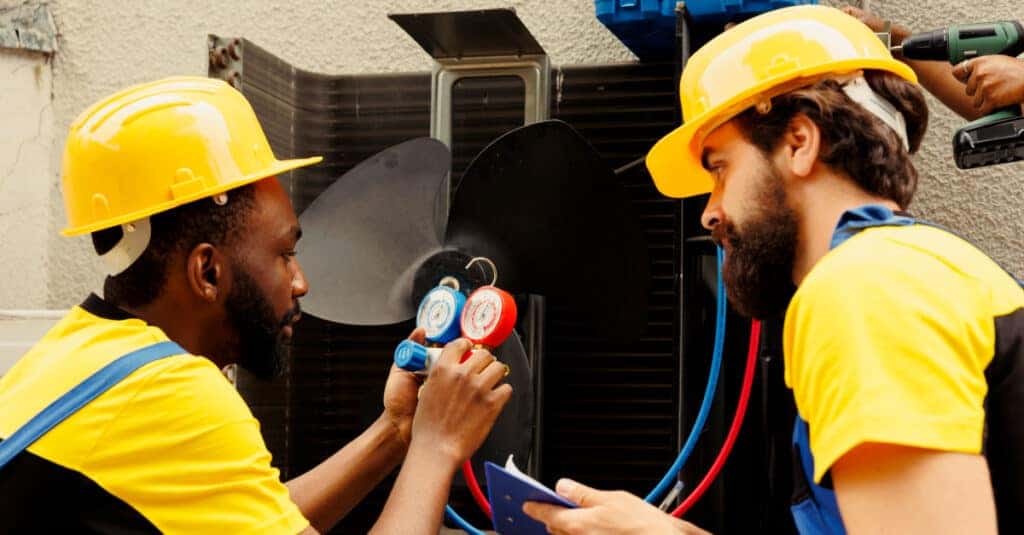 HVAC Technicians performing maintenance on AC unit